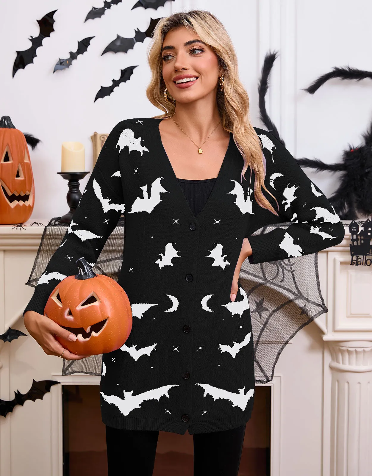 Halloween Bat Button V-neck Black and White Outwear Cardigan, 1 of 8