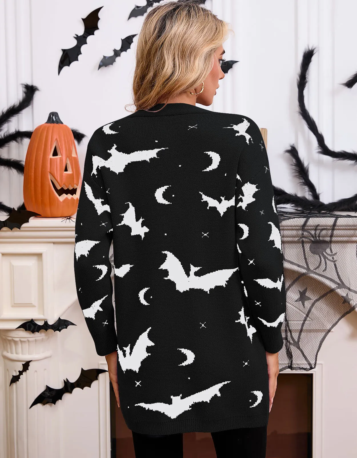 Halloween Bat Button V-neck Black and White Outwear Cardigan, 2 of 8