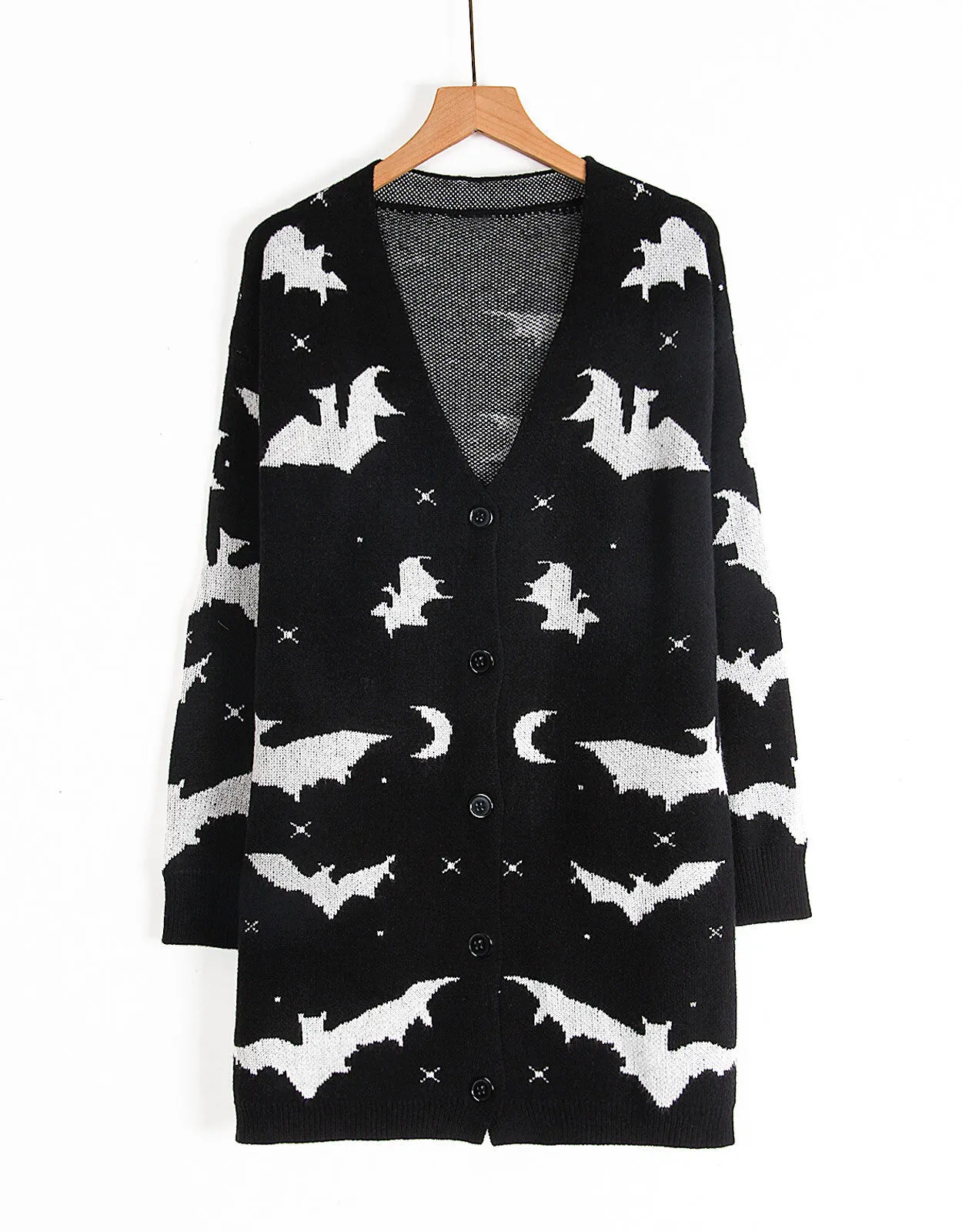 Halloween Bat Button V-neck Black and White Outwear Cardigan, 4 of 8