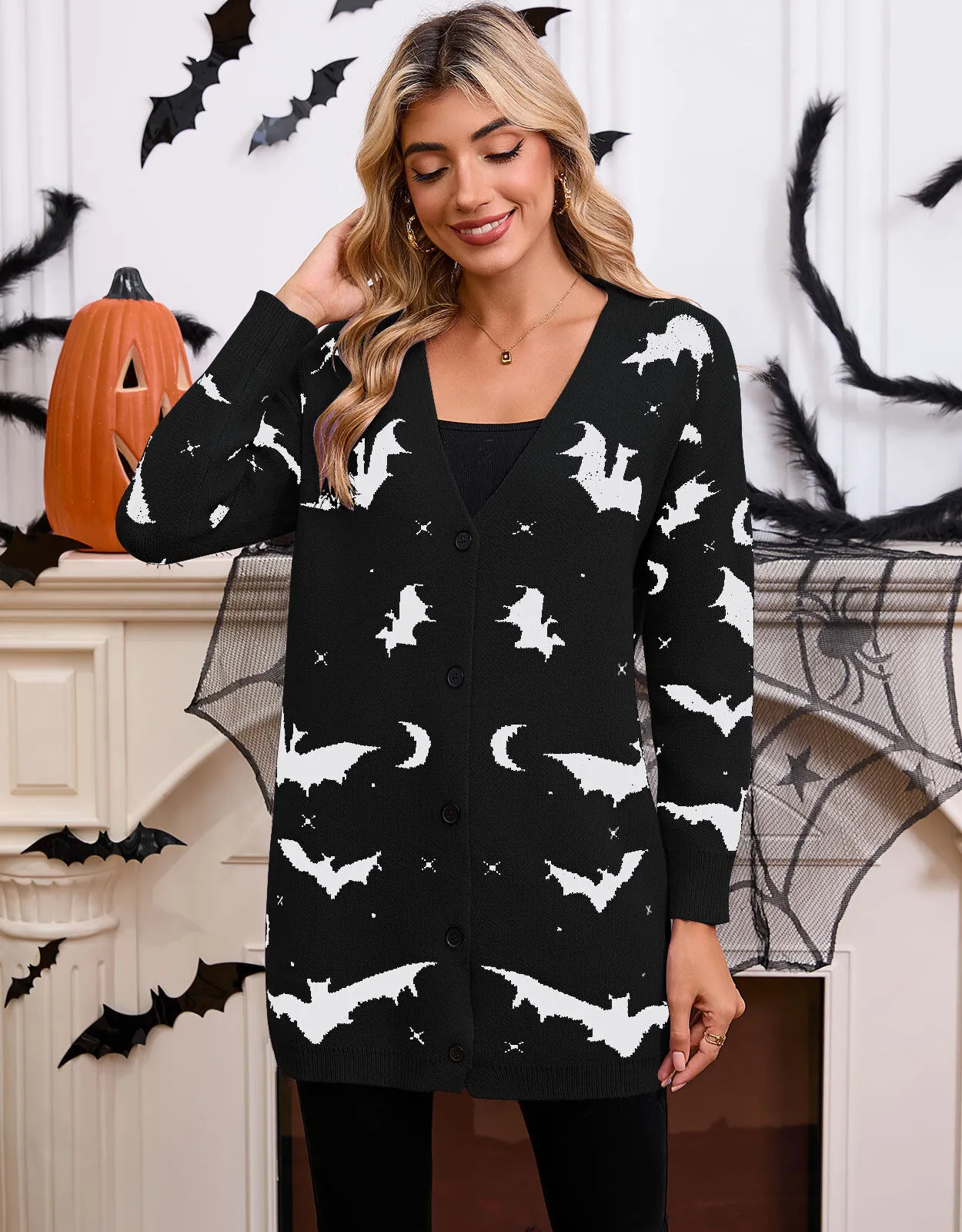 Halloween Bat Button V-neck Black and White Outwear Cardigan, 8 of 8