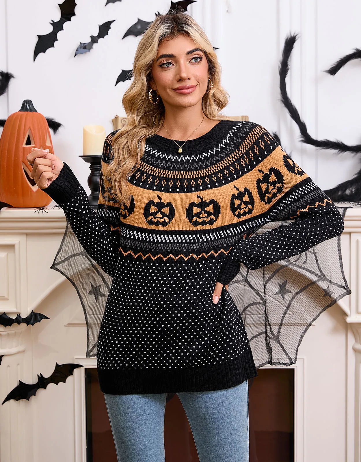 Halloween Rib-knit Funny Pumpkin Round Neck Pullover Loose Casual Sweater, 1 of 9
