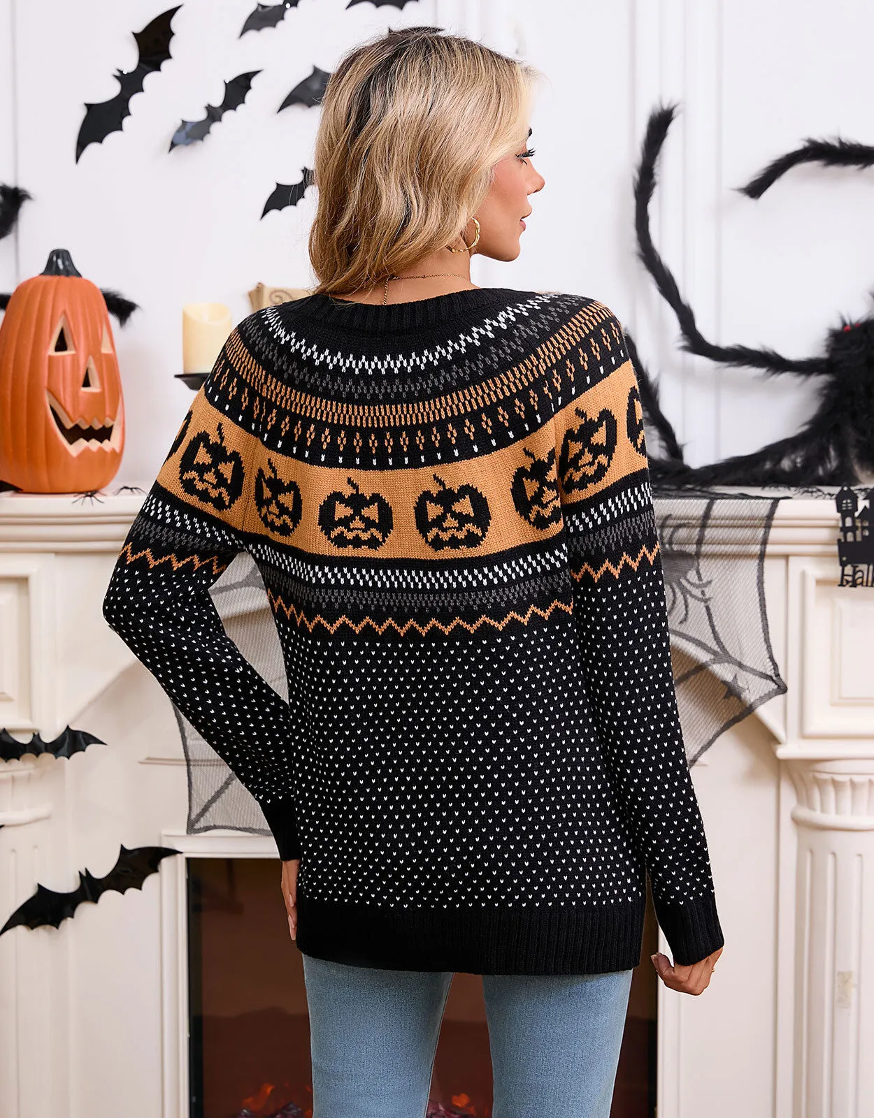 Halloween Rib-knit Funny Pumpkin Round Neck Pullover Loose Casual Sweater, 2 of 9