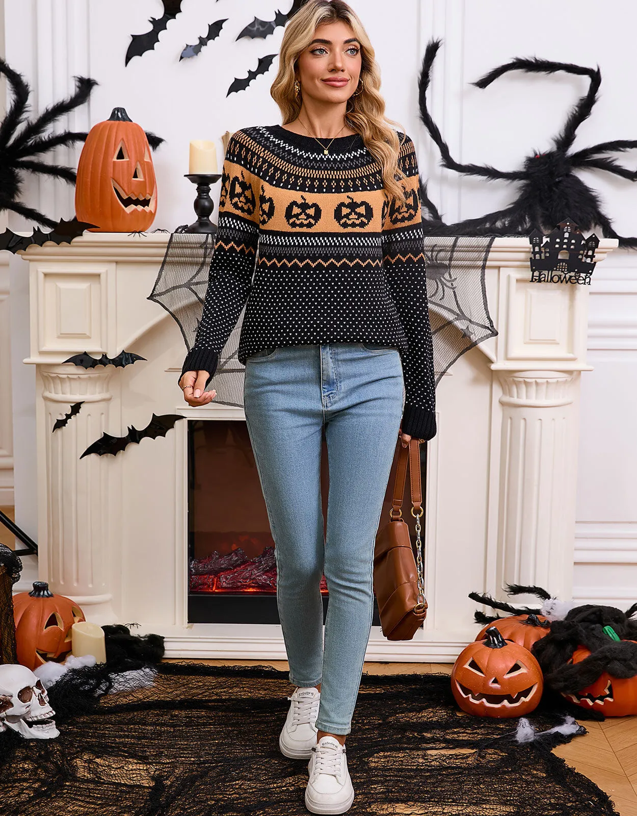 Halloween Rib-knit Funny Pumpkin Round Neck Pullover Loose Casual Sweater, 4 of 9