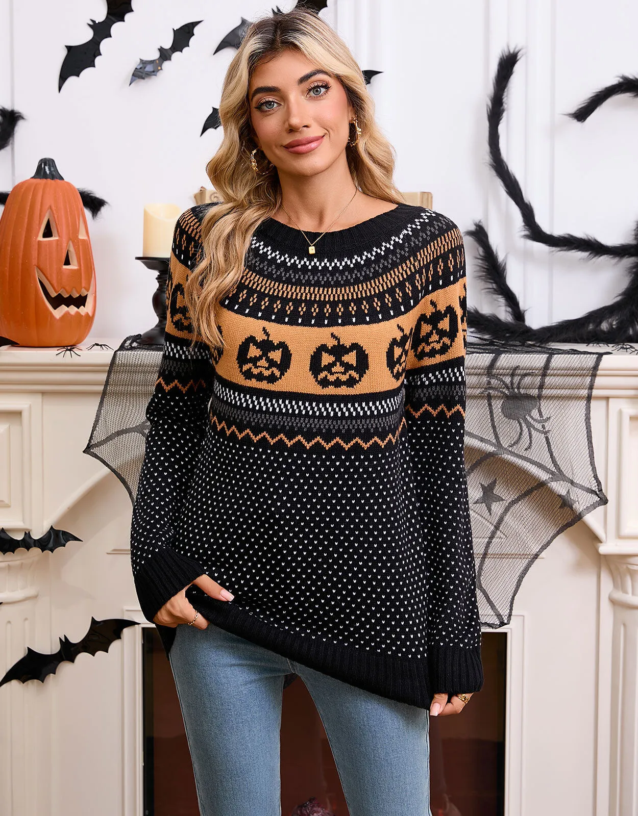 Halloween Rib-knit Funny Pumpkin Round Neck Pullover Loose Casual Sweater, 5 of 9