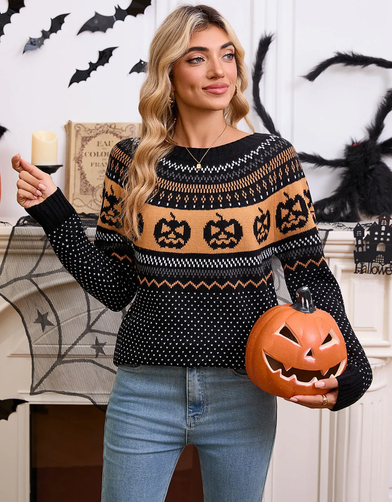 Halloween Rib-knit Funny Pumpkin Round Neck Pullover Loose Casual Sweater, 7 of 9