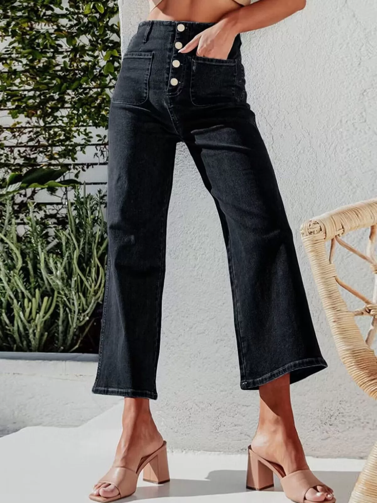 Stretchy High Waisted Stretchy Straight Leg Buttoned Loose Pocket Denim Jeans, 2 of 4