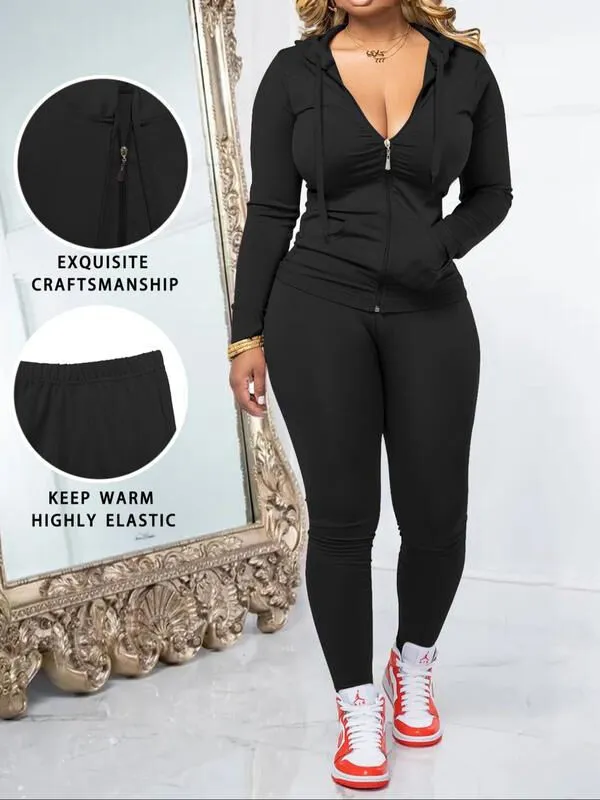 Fall Casual Soft Zipper Hoodie with Pocket and Skinny Pants Set, 1 of 5