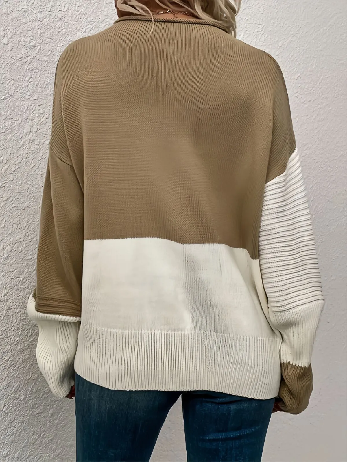 Colorblock Rib-knit Round Neck Drop Shoulder Knitwear Sweater, 2 of 4