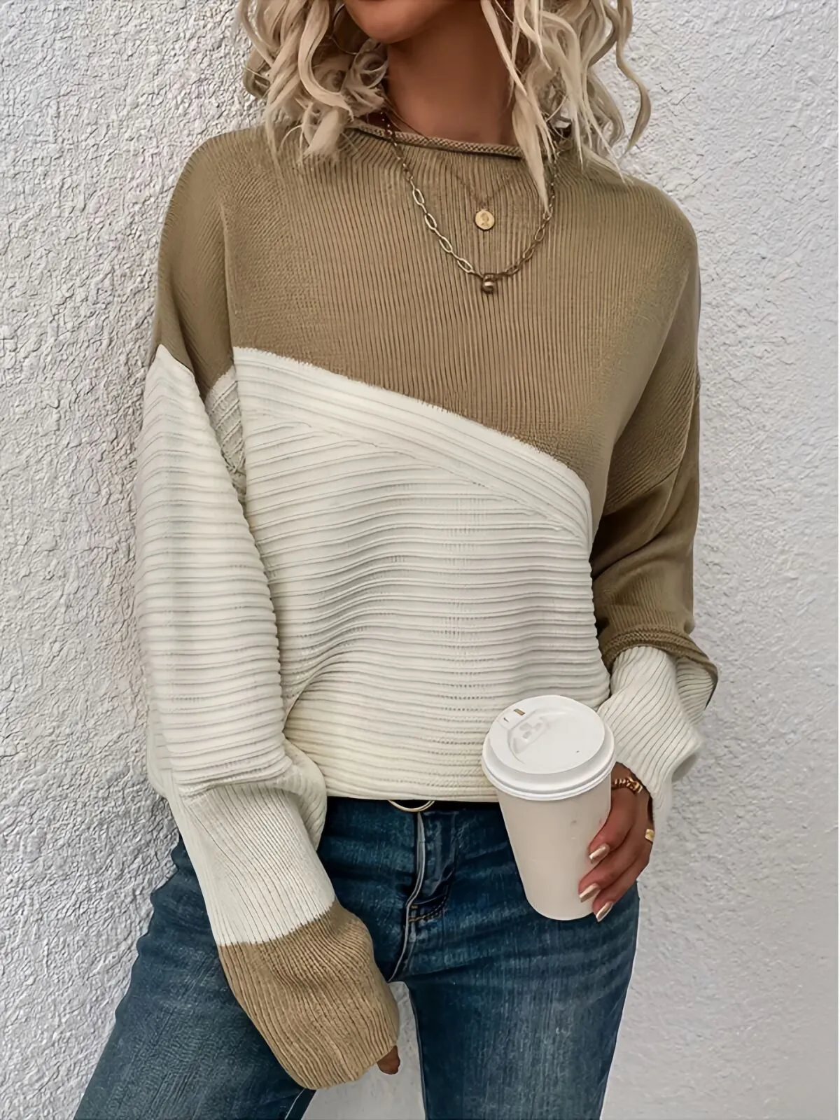 Colorblock Rib-knit Round Neck Drop Shoulder Knitwear Sweater, 4 of 4