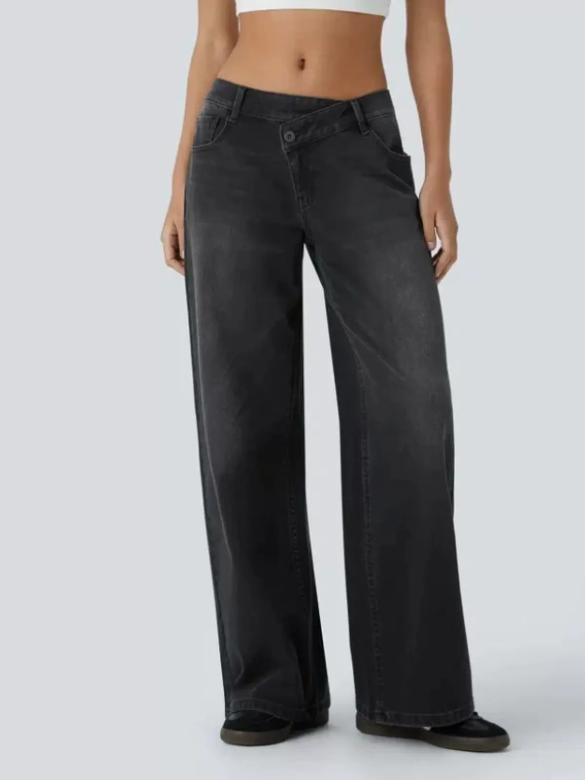 Washed Denim Asymmetric Low Rise Zipper Pockets Baggy Wide Leg Washed Casual Jeans, 1 of 2