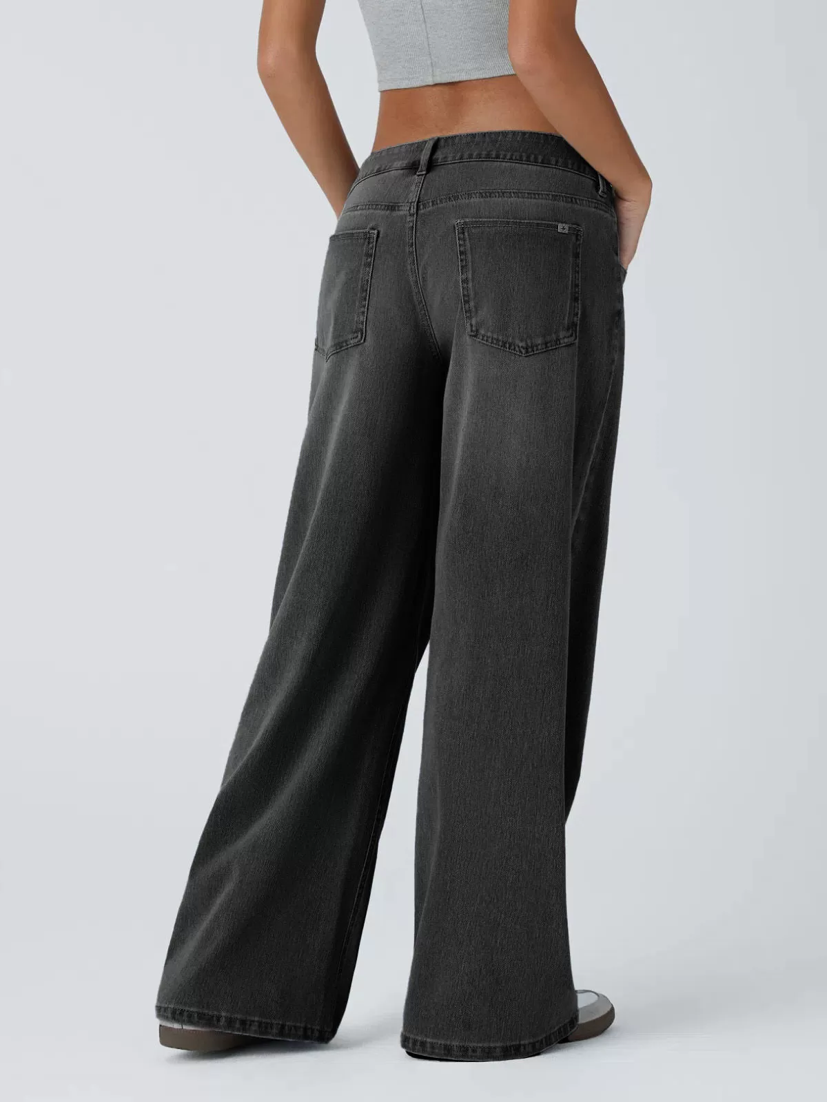 Washed Denim Asymmetric Low Rise Zipper Pockets Baggy Wide Leg Washed Casual Jeans, 2 of 2