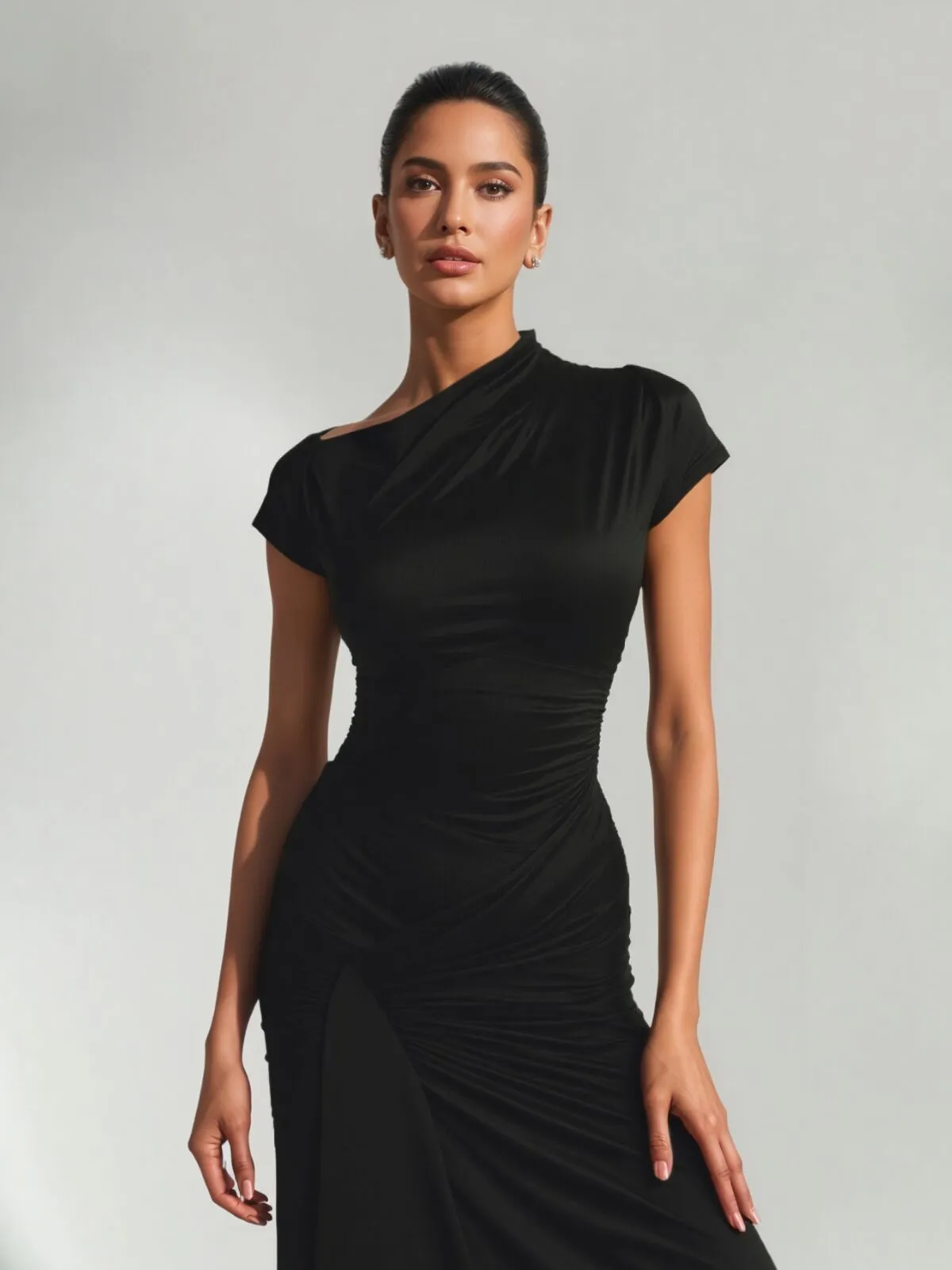 Casual Short Sleeve Boat Neck Ruched High Split Bodycon Long Party Dress, 1 of 3