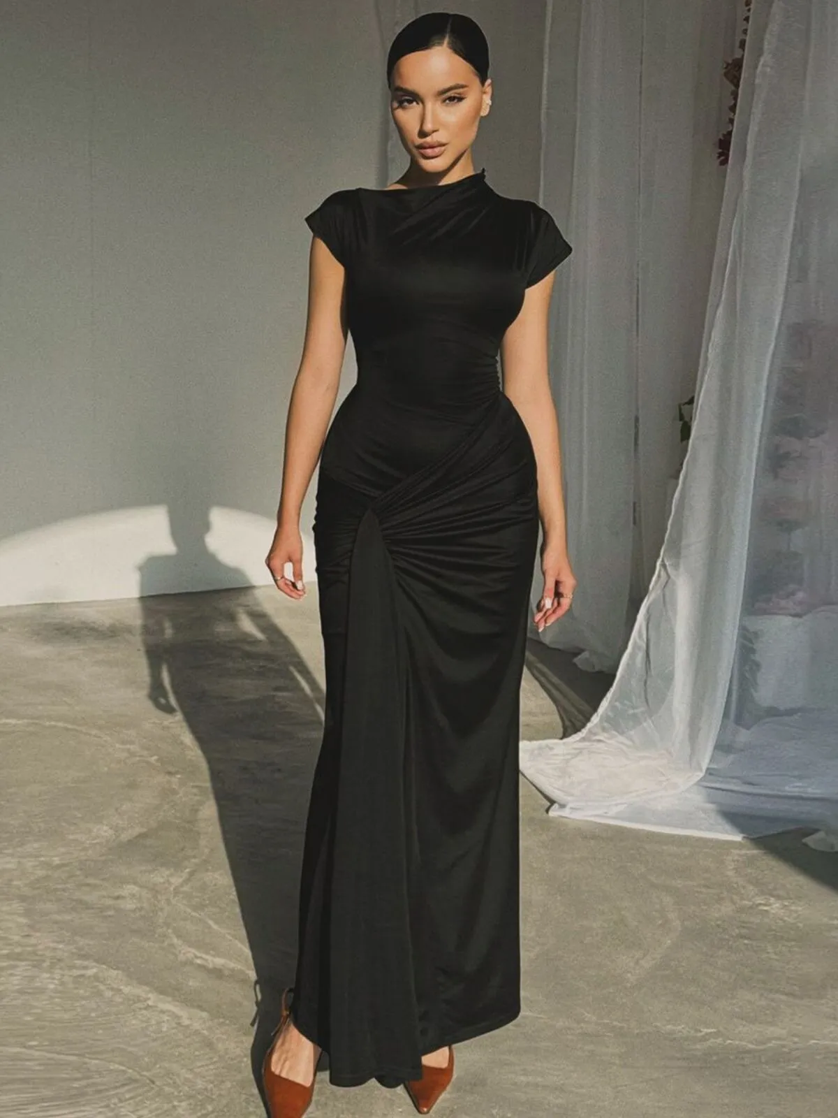 Casual Short Sleeve Boat Neck Ruched High Split Bodycon Long Party Dress, 2 of 3