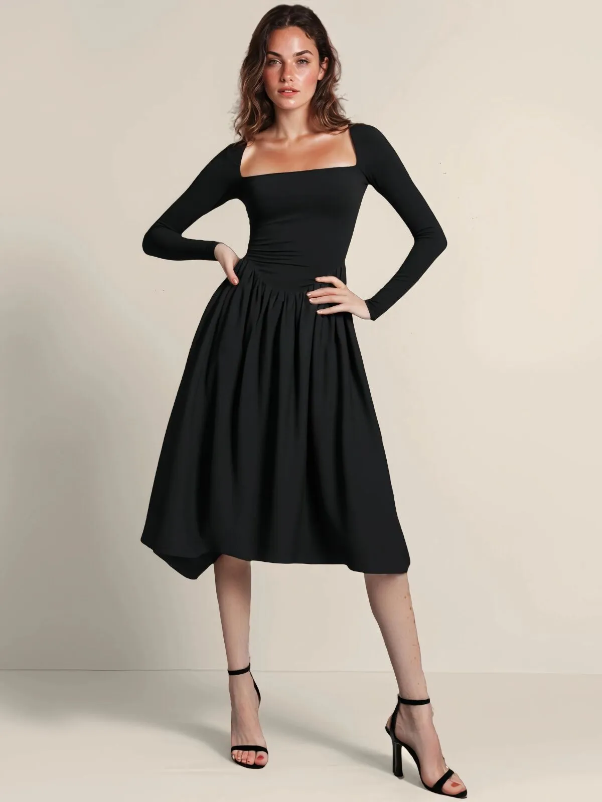 Spring Fashion 2025 Square Neck Long Sleeve Casual A-Line Midi Dress, 1 of 3