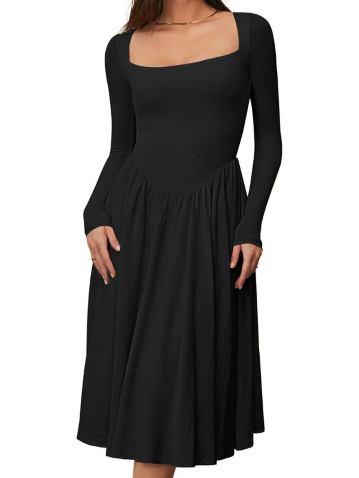 Spring Fashion 2025 Square Neck Long Sleeve Casual A-Line Midi Dress, 2 of 3