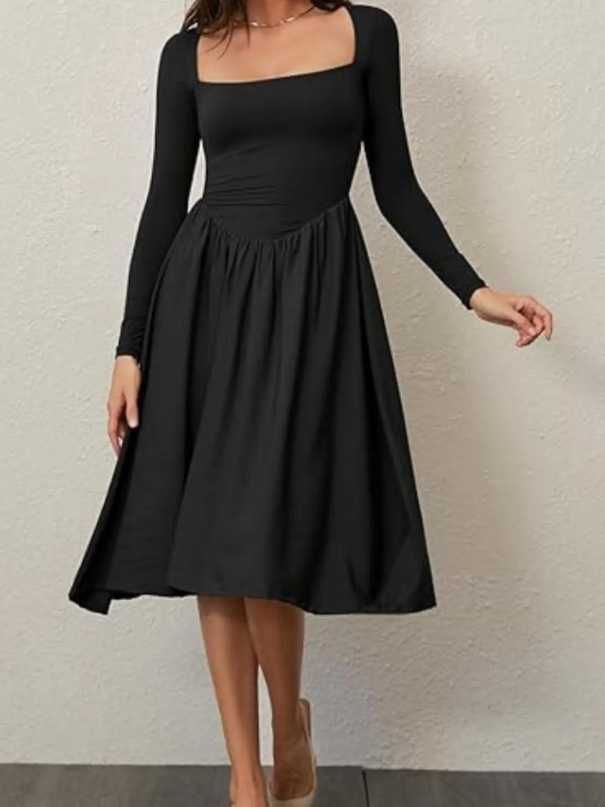 Spring Fashion 2025 Square Neck Long Sleeve Casual A-Line Midi Dress, 3 of 3