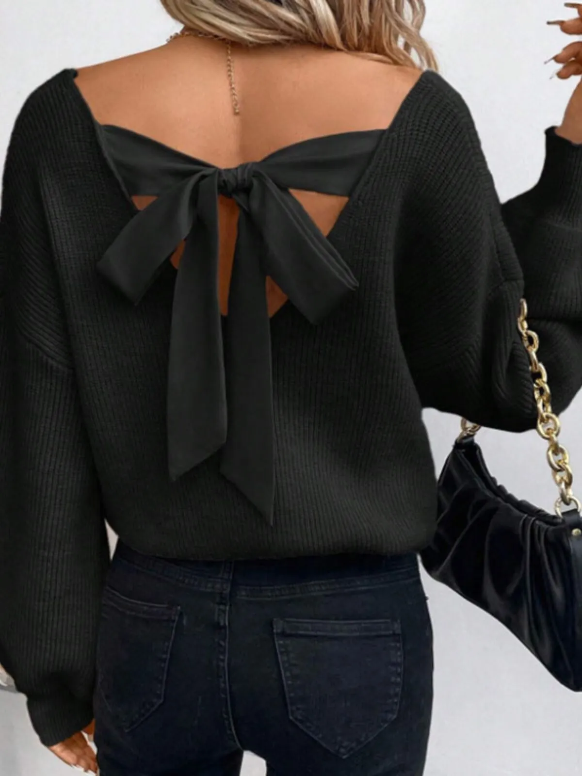 Solid V-neck Tie Back Bow Drop Shoulder Lantern Sleeve Sweater, 1 of 4