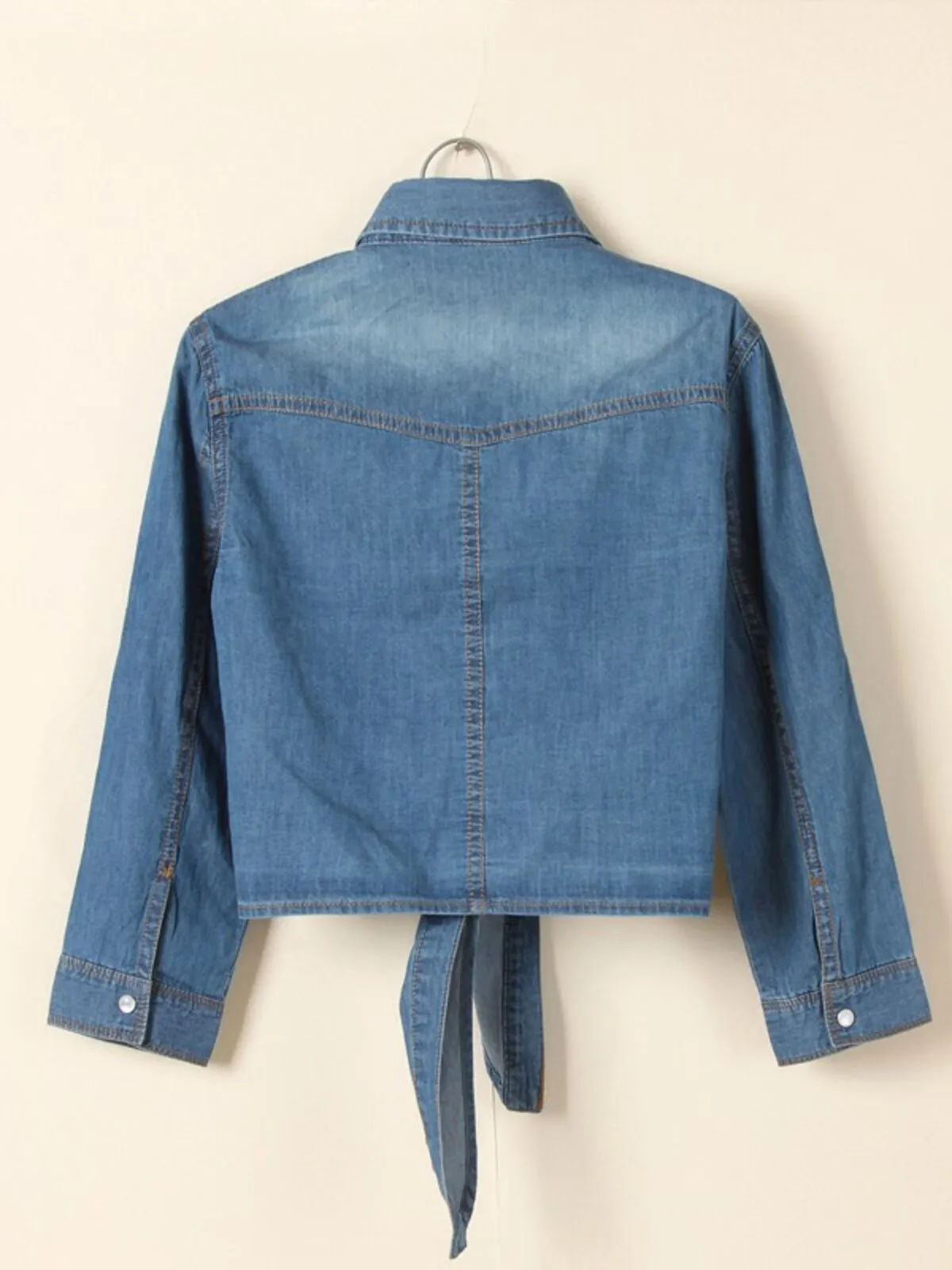 Denim Crop Top Tie Knot Print Lace-up Lapel Denim Outwear Shirts, 2 of 11