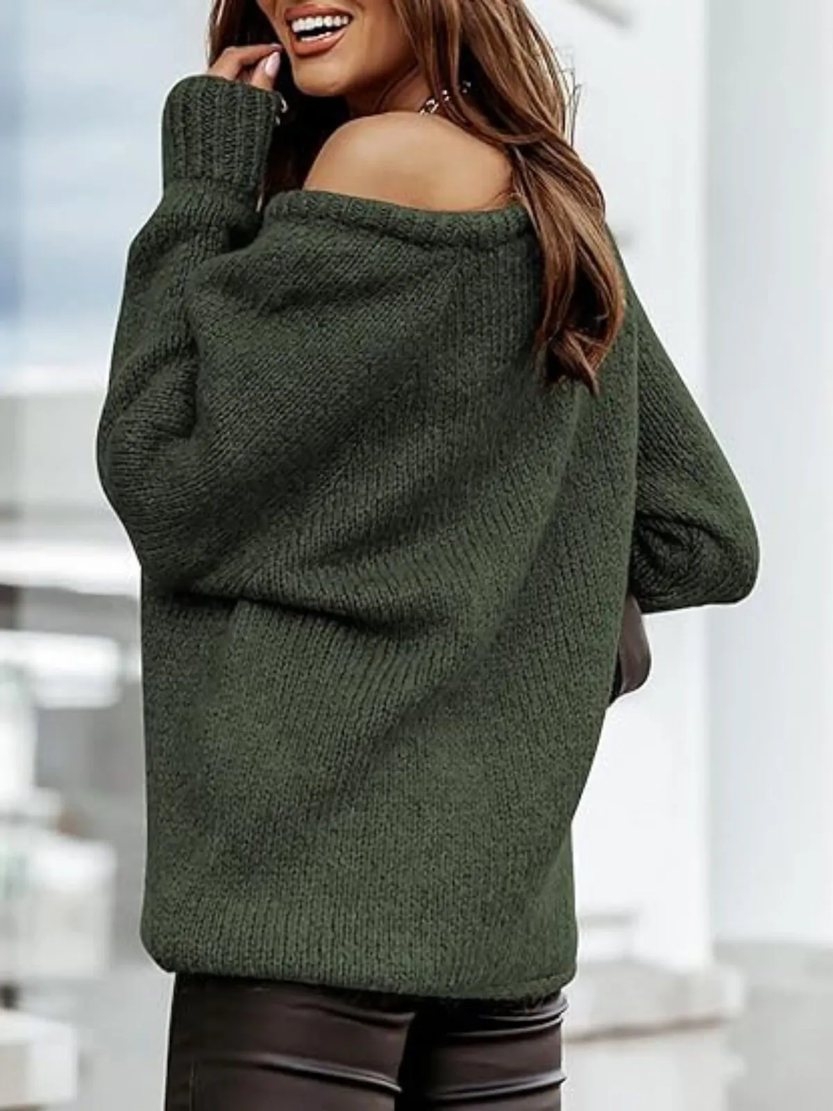Solid Rib-knit Off Shoulder Knitted Oversized Pullover Loose Fit Sweater, 2 of 4