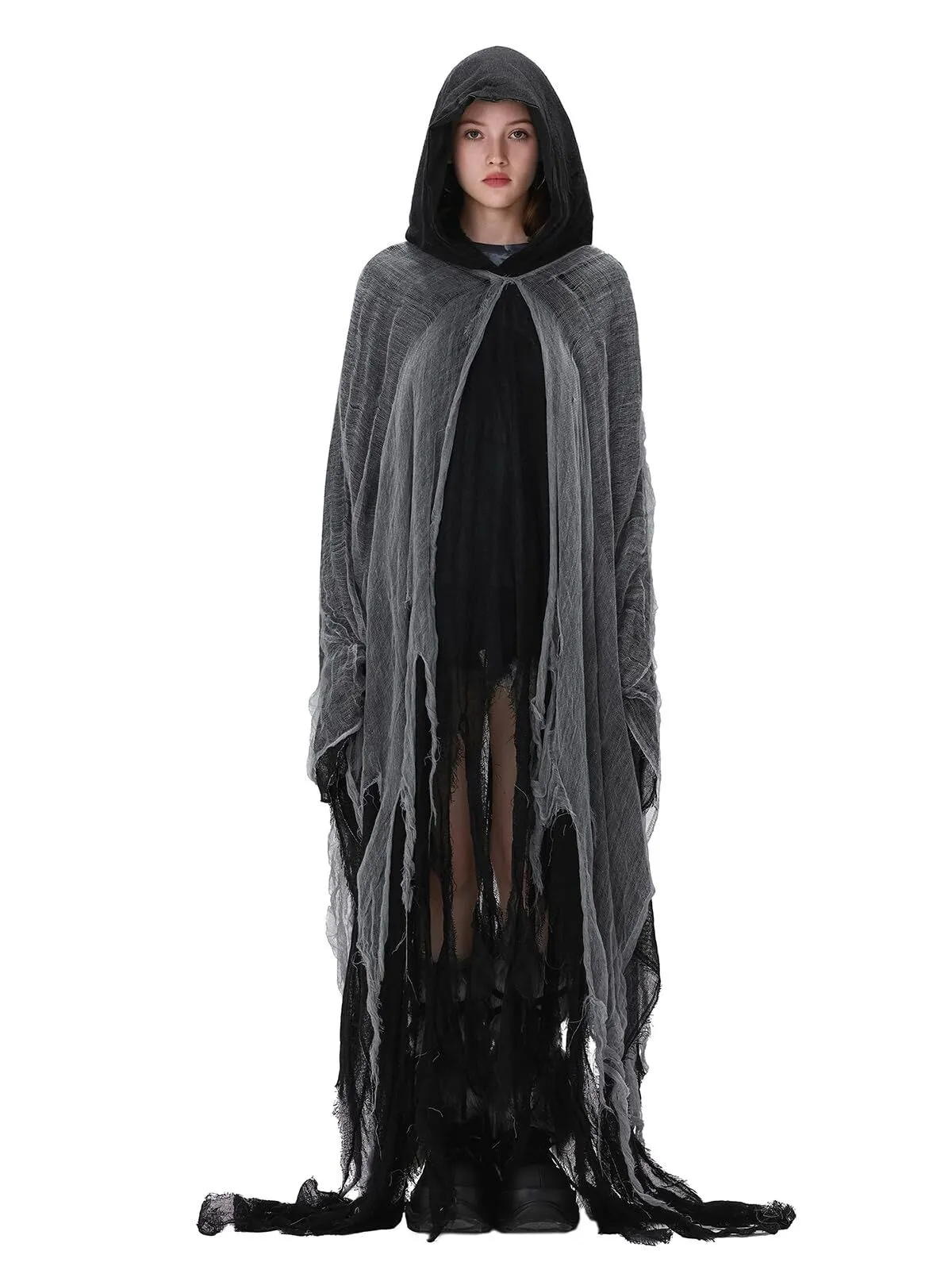 Halloween Medieval Hooded Retro Tattered Grim Reaper Horror Cape A-line Dress, 1 of 6