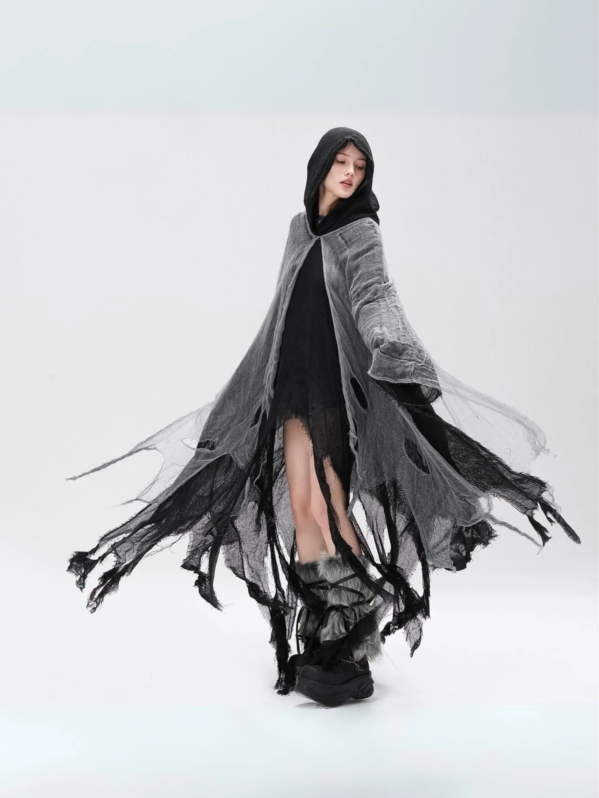 Halloween Medieval Hooded Retro Tattered Grim Reaper Horror Cape A-line Dress, 2 of 6