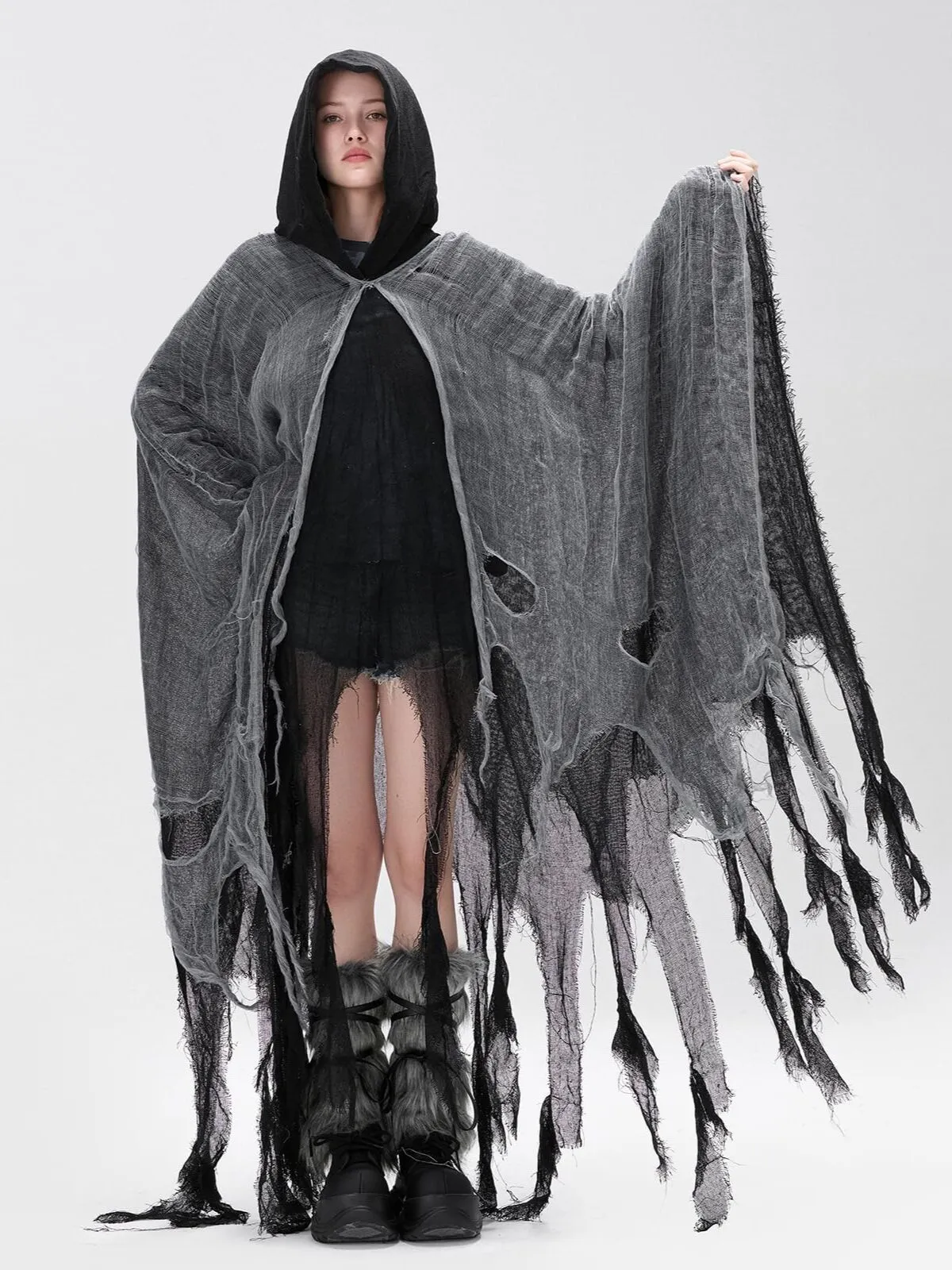 Halloween Medieval Hooded Retro Tattered Grim Reaper Horror Cape A-line Dress, 3 of 6