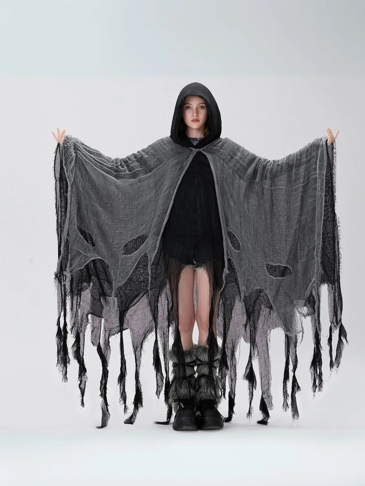 Halloween Medieval Hooded Retro Tattered Grim Reaper Horror Cape A-line Dress, 4 of 6
