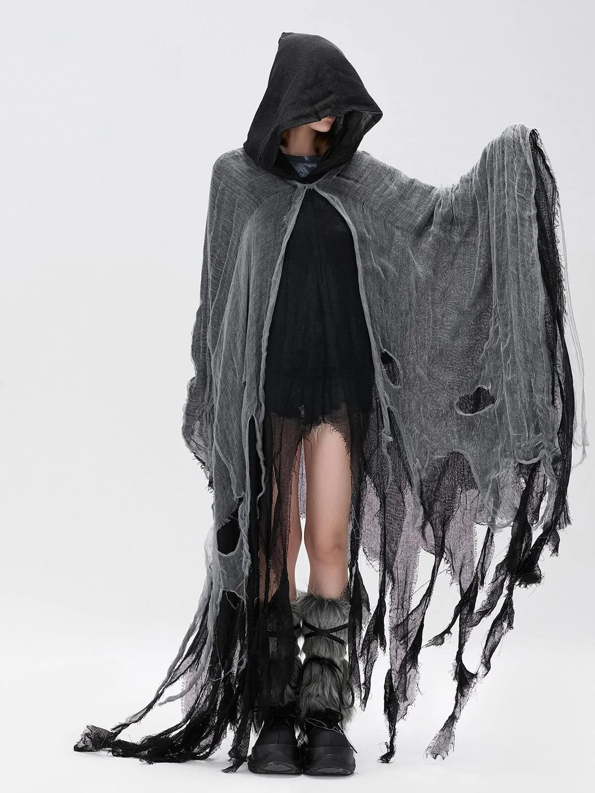 Halloween Medieval Hooded Retro Tattered Grim Reaper Horror Cape A-line Dress, 6 of 6