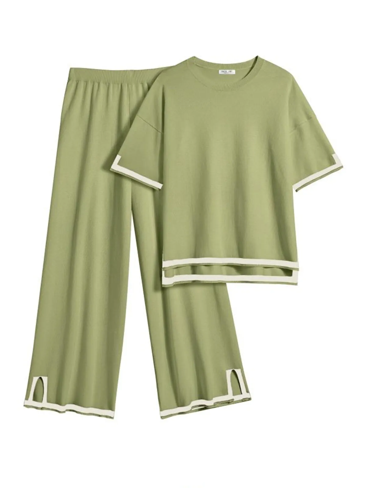 Women's 2-Piece Lounge Set - Black Knit Tracksuit with Short Sleeve Top & Wide Leg Pants - Soft Stretchy Homewear for Casual Wear, 1 of 1