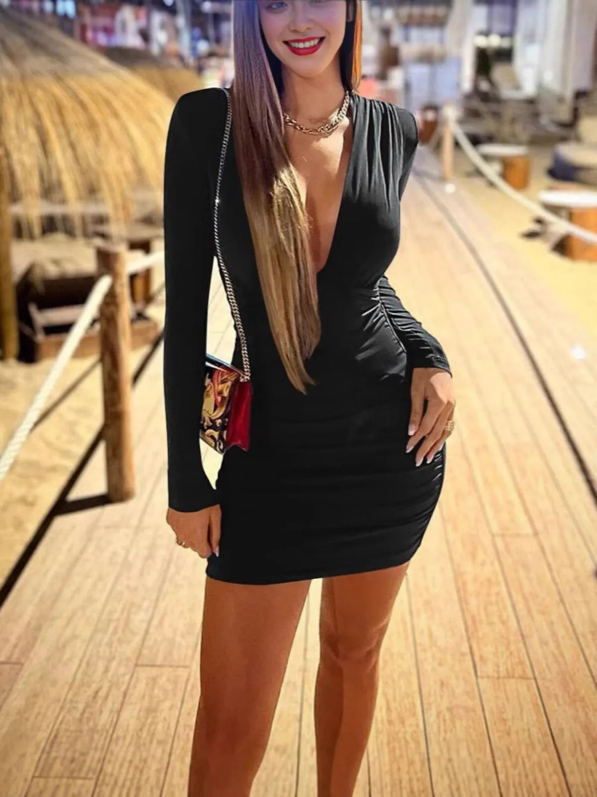 Sexy Black V-Neck Long Sleeve Ruched Bodycon Mini Dress for Party & Casual Wear, 5 of 6