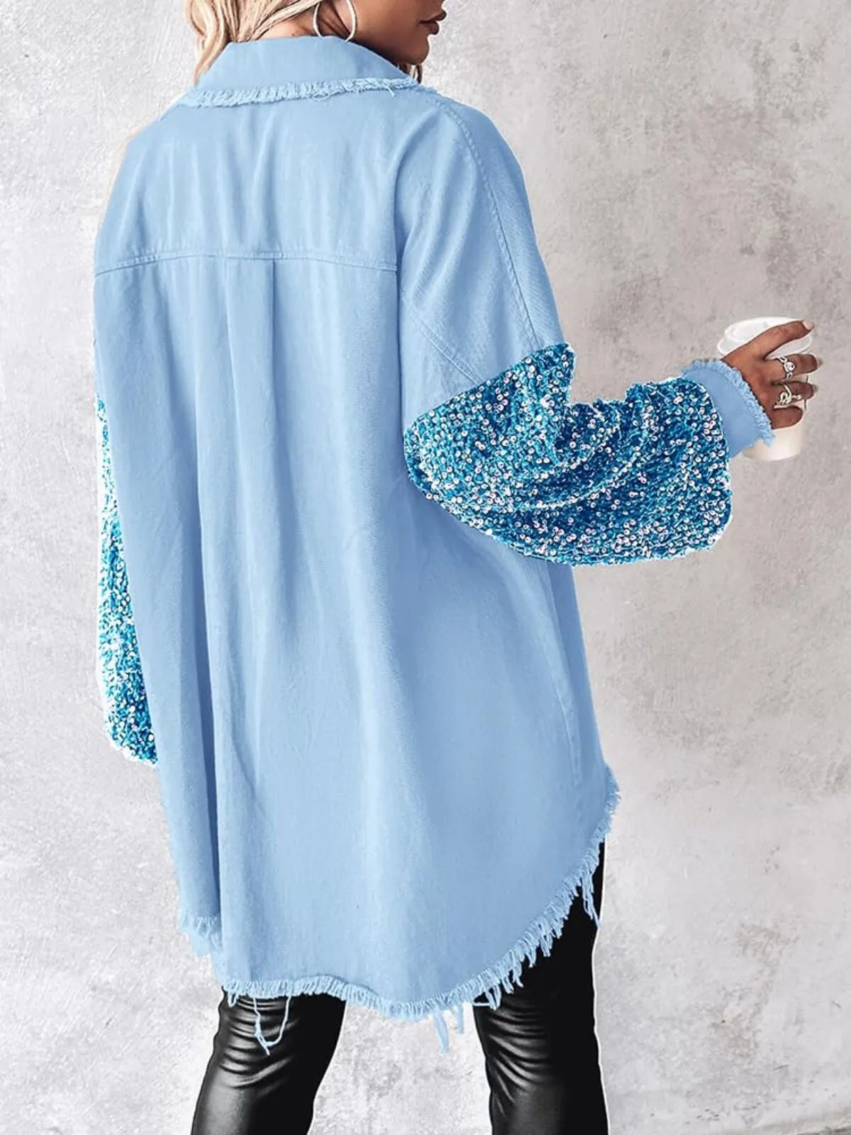 Colorblock Sequin Raw Hem Shacket Lapel Denim Bomber Jacket, 2 of 6