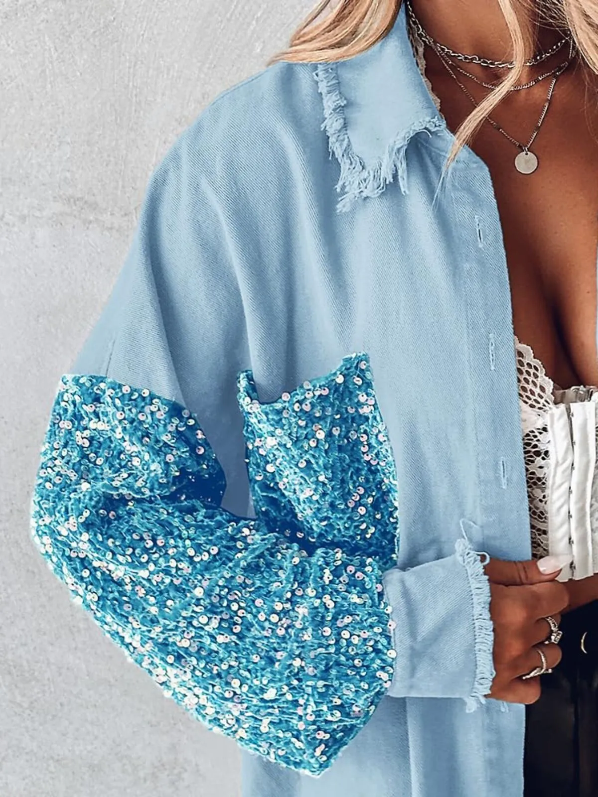 Colorblock Sequin Raw Hem Shacket Lapel Denim Bomber Jacket, 3 of 6