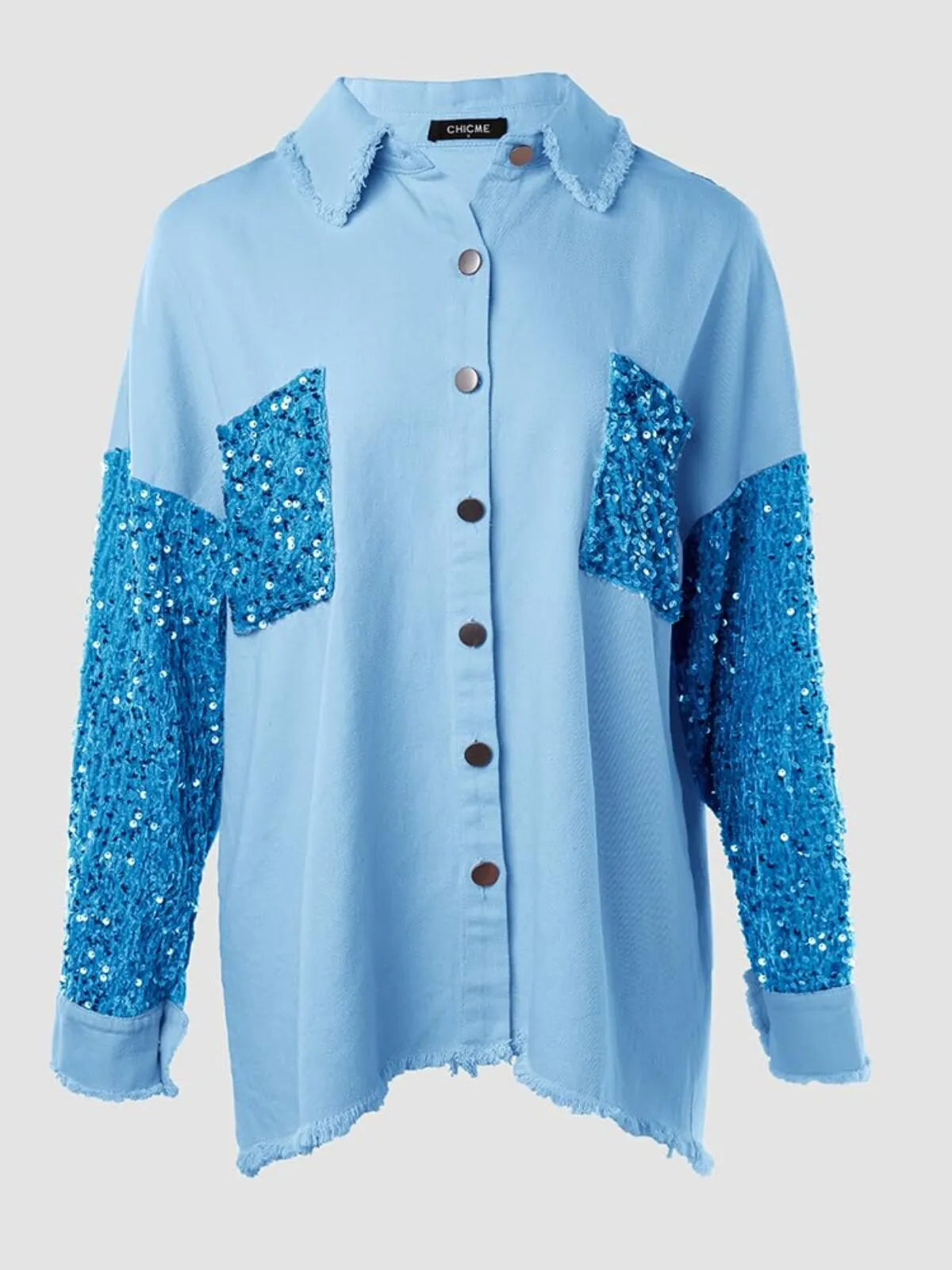 Colorblock Sequin Raw Hem Shacket Lapel Denim Bomber Jacket, 5 of 6