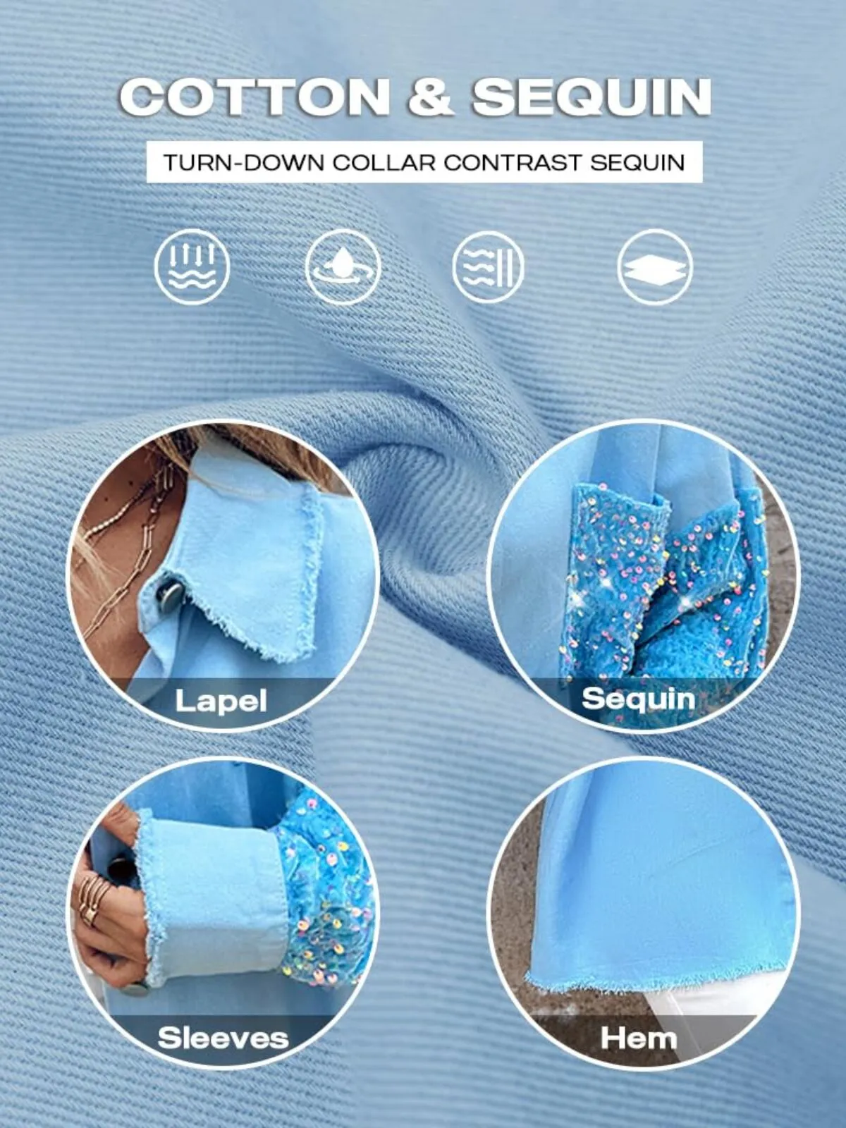 Colorblock Sequin Raw Hem Shacket Lapel Denim Bomber Jacket, 6 of 6