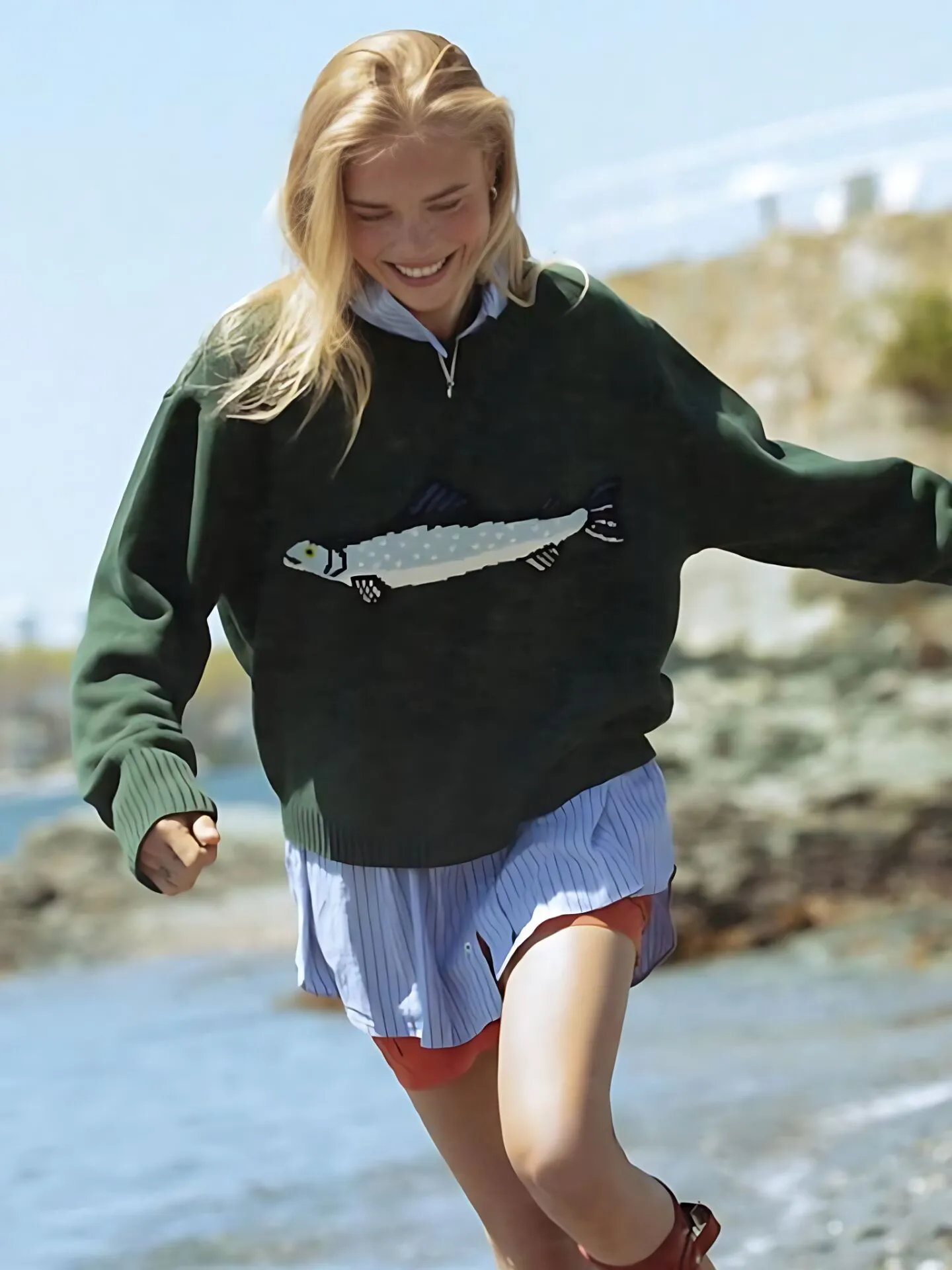 Fashion Vintage Print Animal Rib-knit Round Neck Drop Shoulder Loose Fit Sweater, 1 of 3