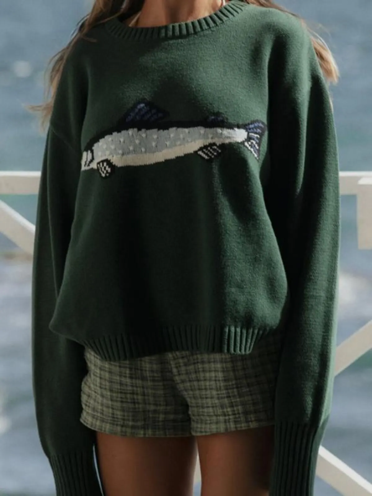 Fashion Vintage Print Animal Rib-knit Round Neck Drop Shoulder Loose Fit Sweater, 3 of 3