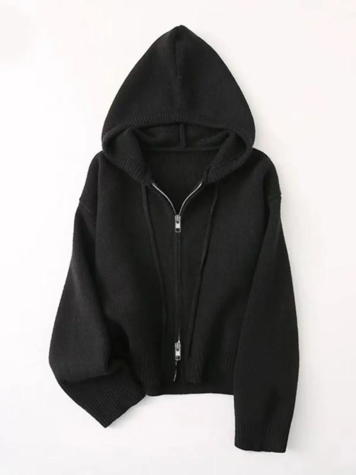 Solid Rib-knit Casual Knit Hooded Drop Shoulder Sweater Versatile Outerwear & Layering, 1 of 2