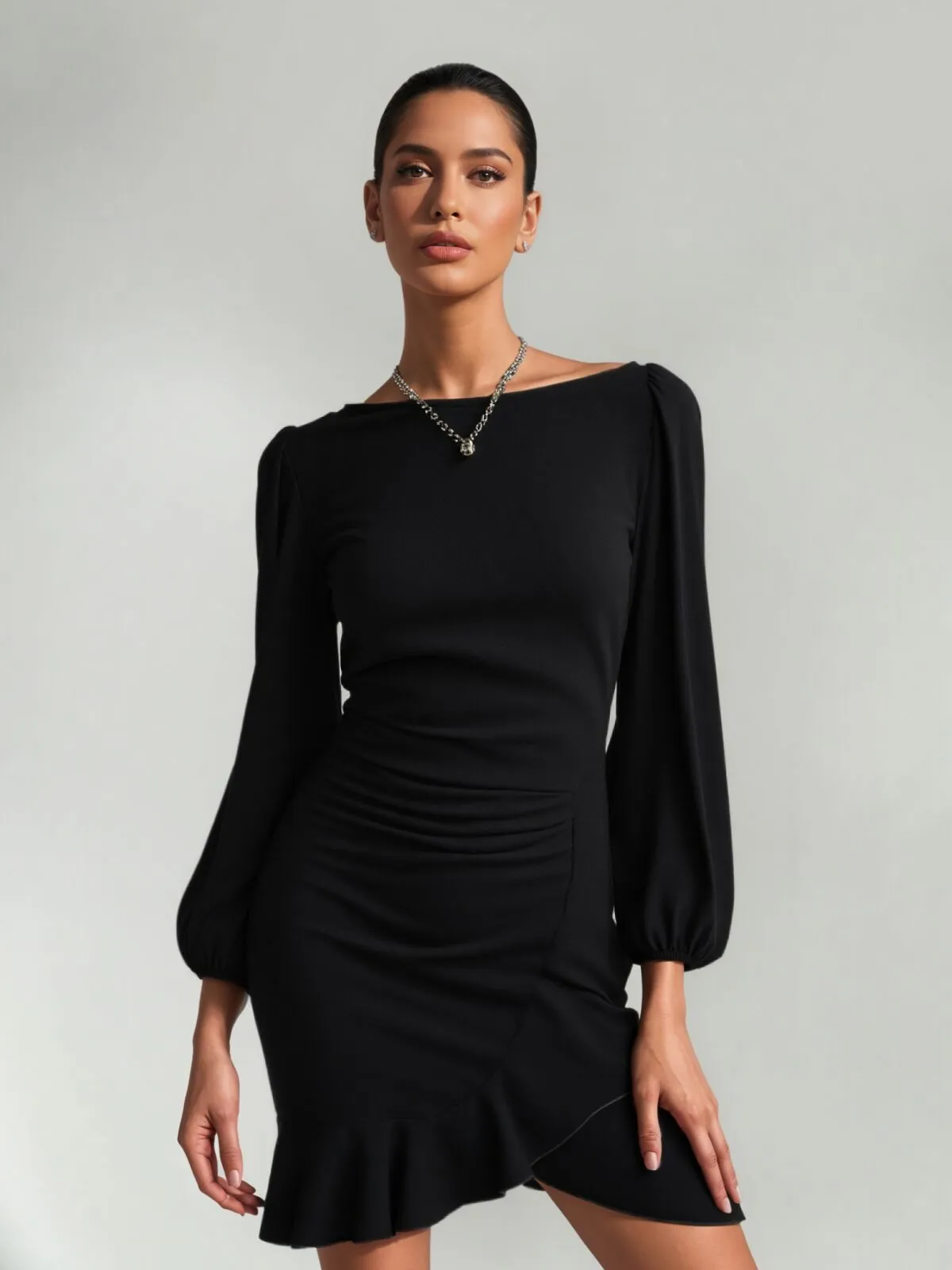 Solid Chic Elegant Ruched Ruffle Trim Zipper Long Sleeves Bodycon Dress, 1 of 5