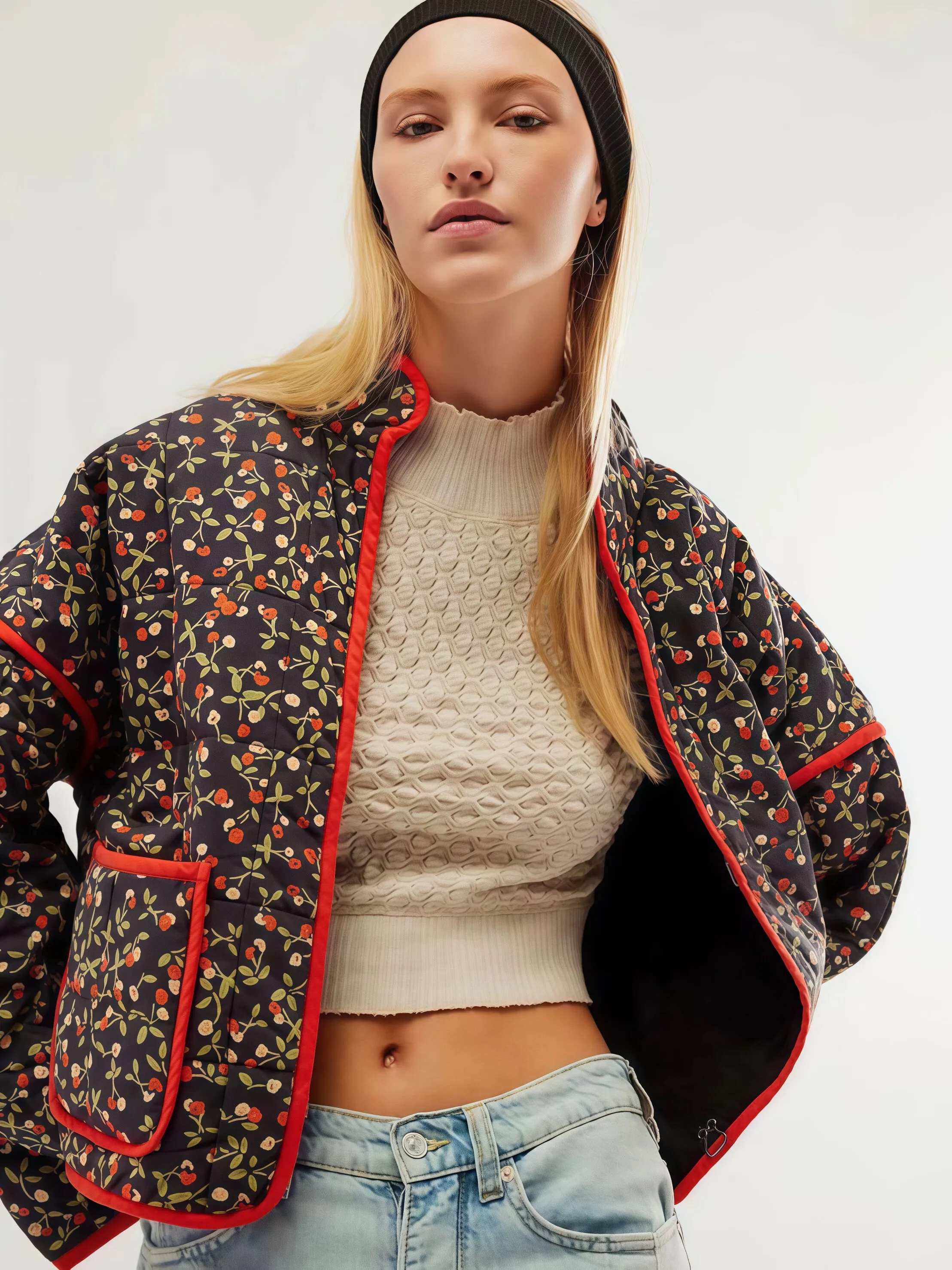 Ditsy Floral Lace-up Stand Collar Outwear Coat, 1 of 2