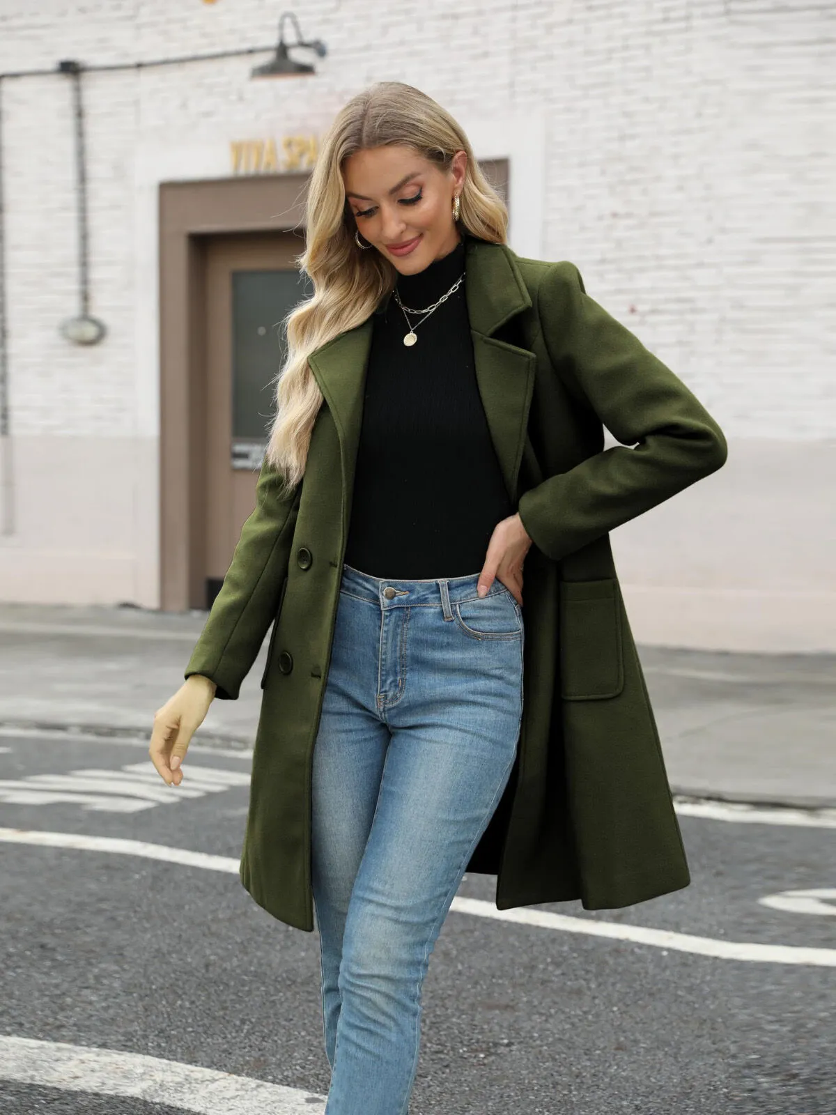 Solid Pocket Double-Breasted Lapel Jacket Outwear Winter Overcoat Blazer, 4 of 5