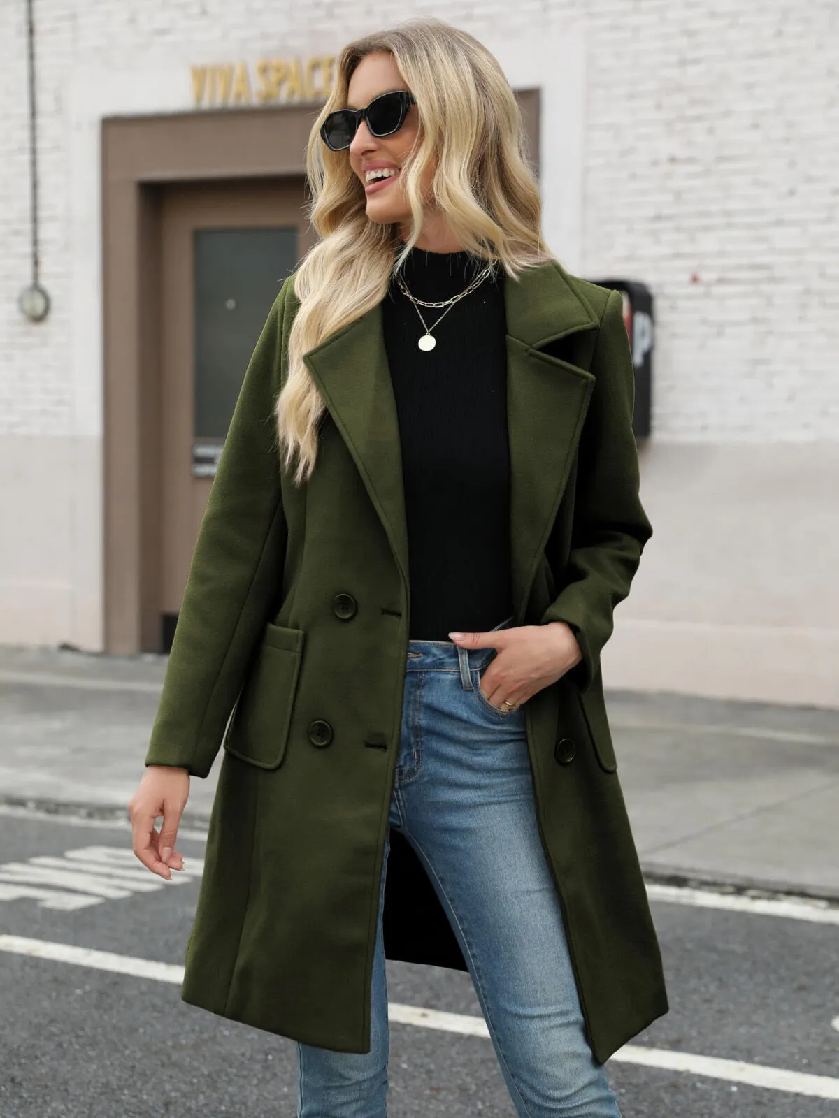 Solid Pocket Double-Breasted Lapel Jacket Outwear Winter Overcoat Blazer, 5 of 5