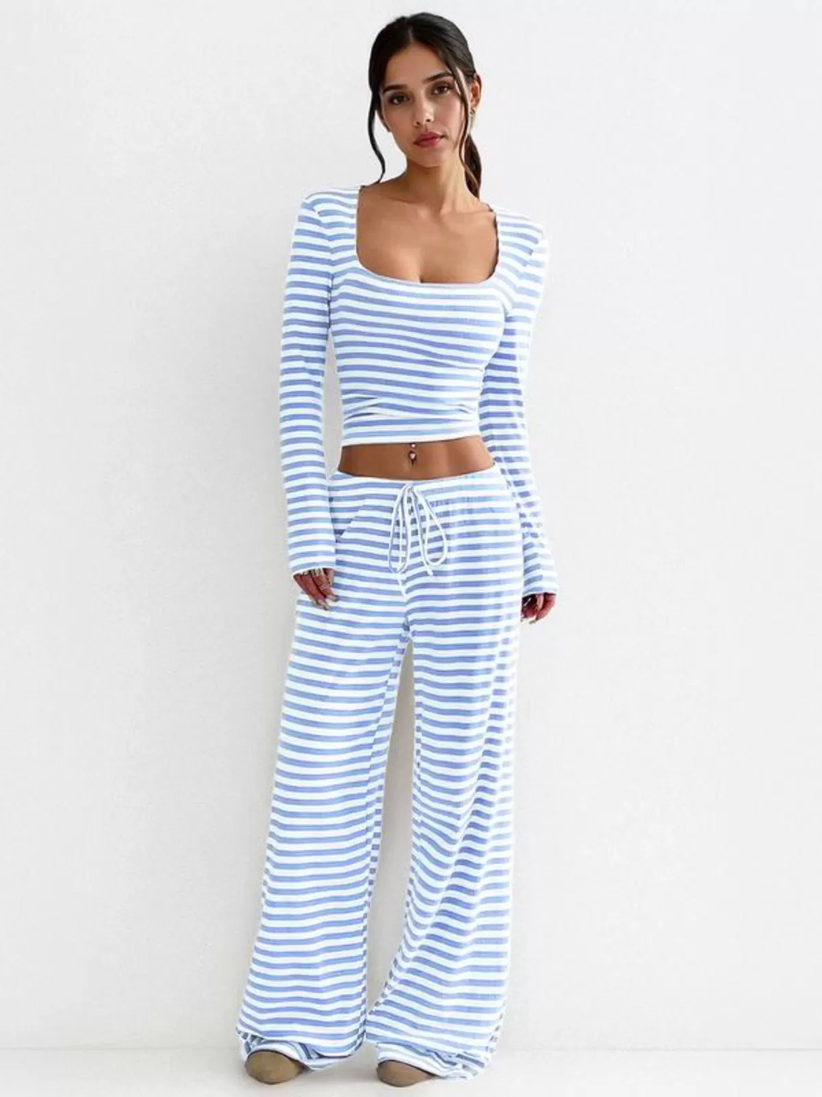 Square Neck Stripe Long Sleeve Crop Top & Cozy Low-Rise Wide Palazzo Pants, 1 of 2