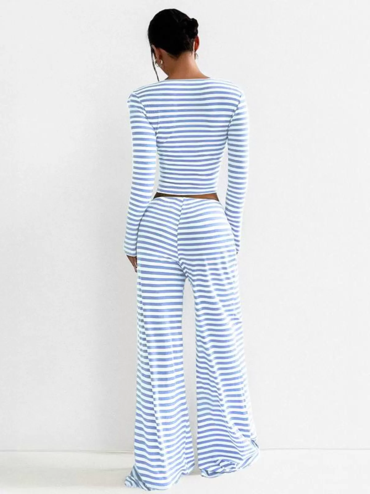 Square Neck Stripe Long Sleeve Crop Top & Cozy Low-Rise Wide Palazzo Pants, 2 of 2