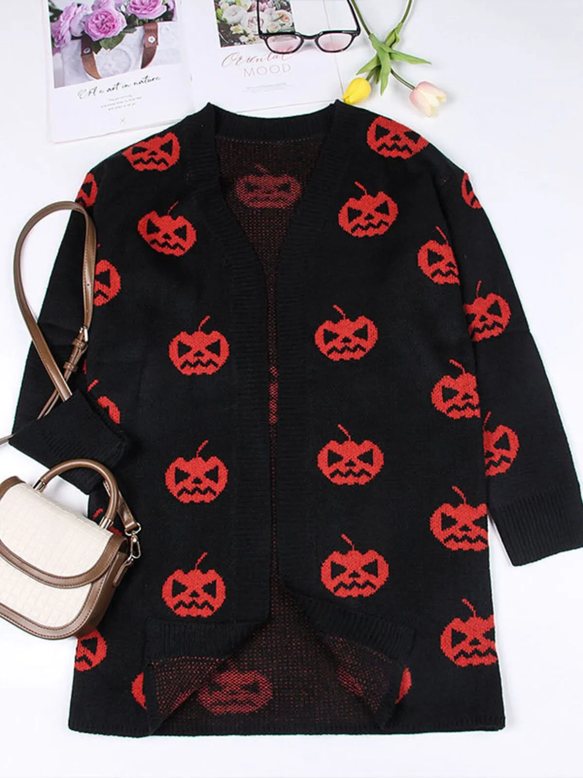 Halloween Funny Pumpkin Rib-knit V-neck Outwear Cardigan, 10 of 10