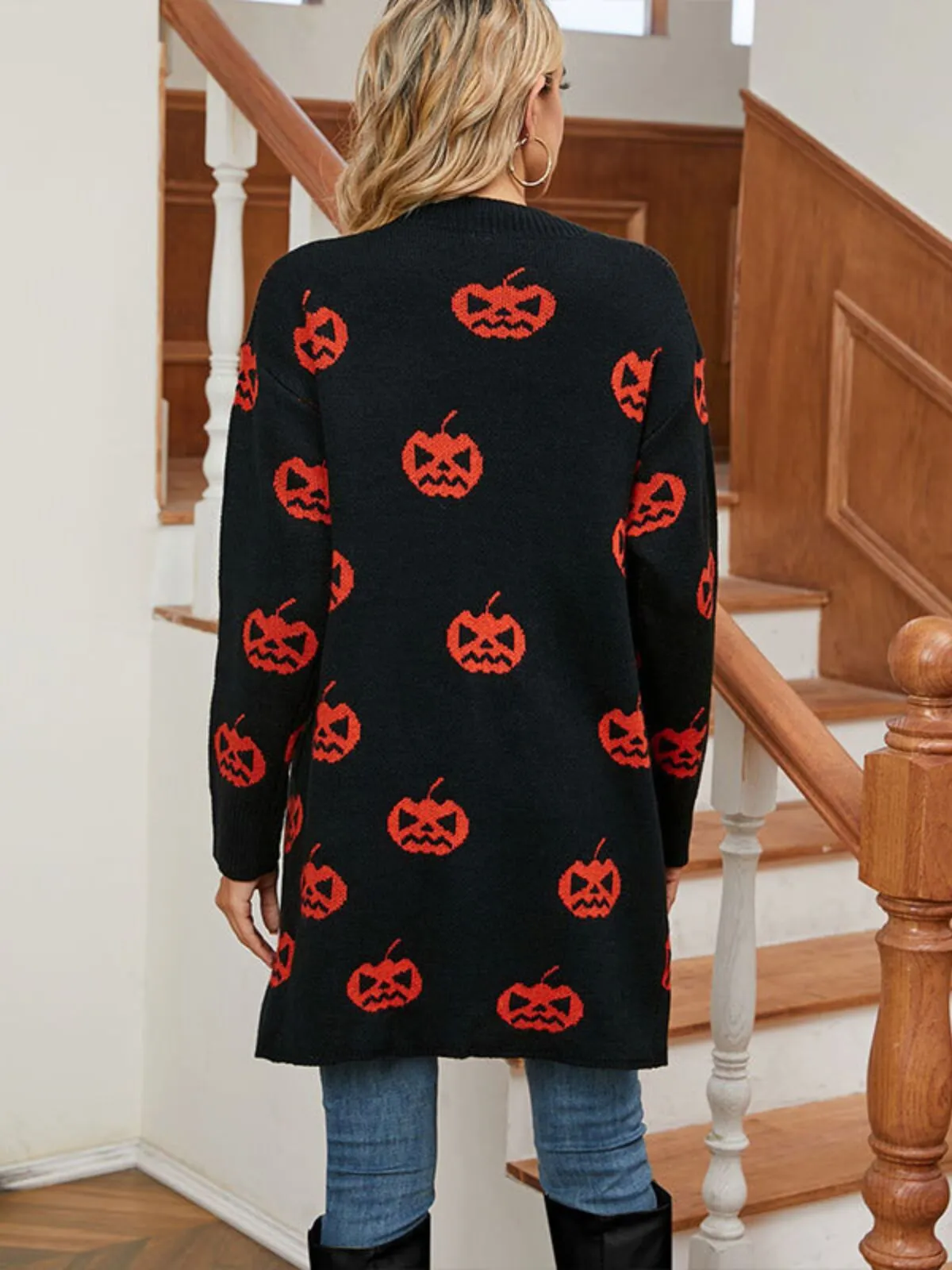 Halloween Funny Pumpkin Rib-knit V-neck Outwear Cardigan, 2 of 10