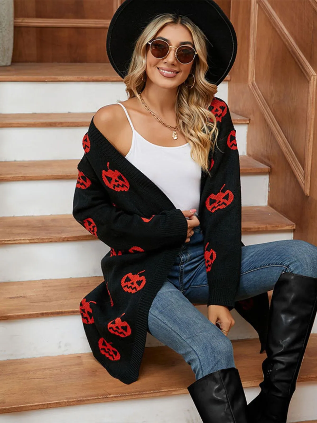 Halloween Funny Pumpkin Rib-knit V-neck Outwear Cardigan, 3 of 10