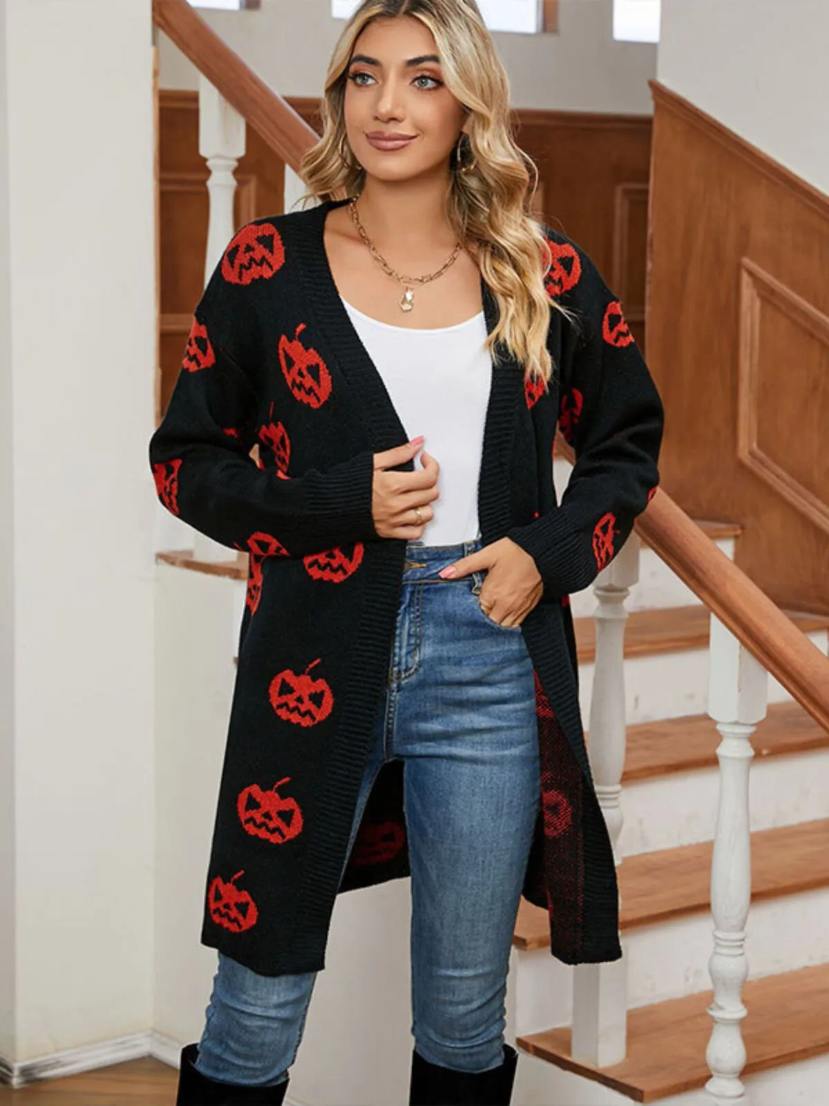 Halloween Funny Pumpkin Rib-knit V-neck Outwear Cardigan, 4 of 10