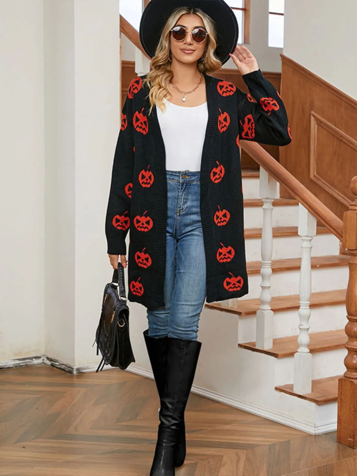 Halloween Funny Pumpkin Rib-knit V-neck Outwear Cardigan, 5 of 10