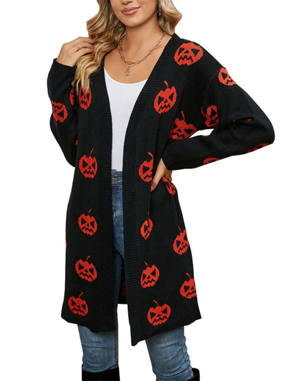 Halloween Funny Pumpkin Rib-knit V-neck Outwear Cardigan, 6 of 10