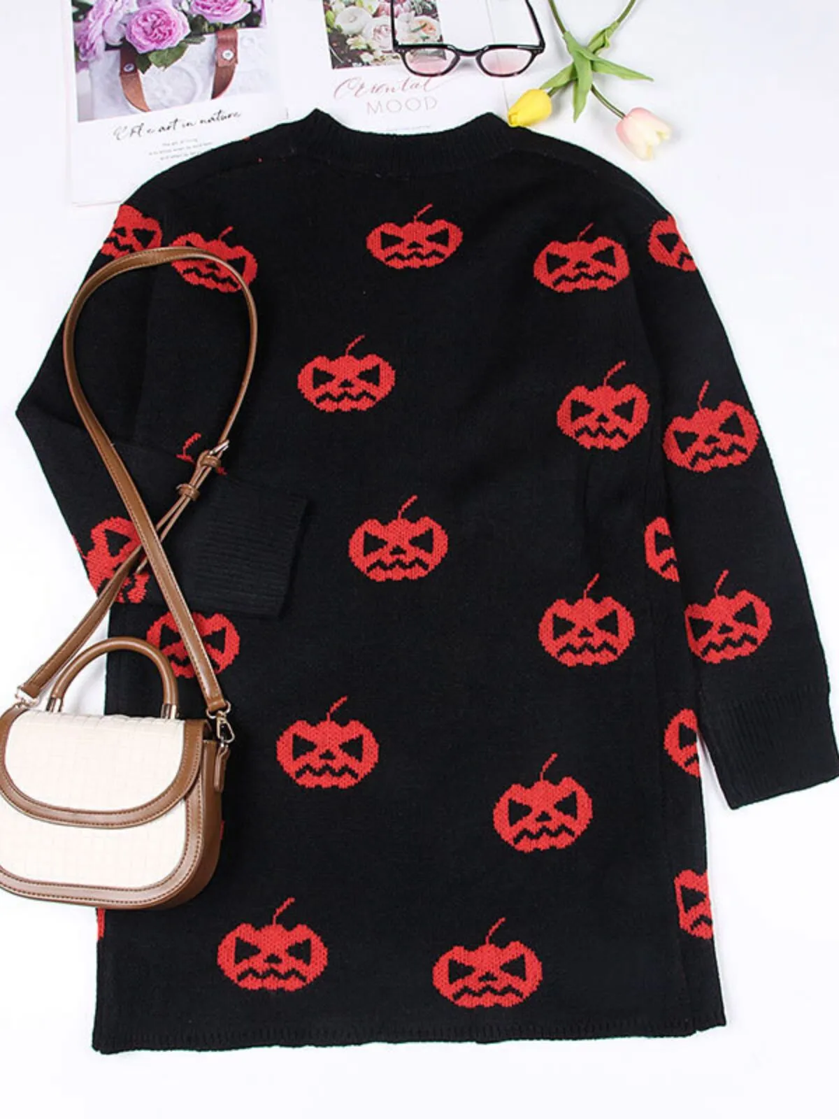 Halloween Funny Pumpkin Rib-knit V-neck Outwear Cardigan, 8 of 10